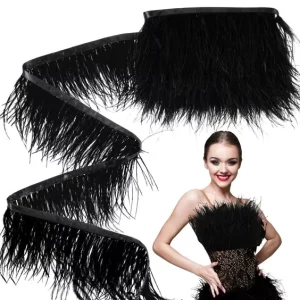 Black Sewing Fabric Ribbon Fringe Ostrich Feathers Trim for DIY Craft Clothing Dress Costume Accessory Party Home Wedding Decor