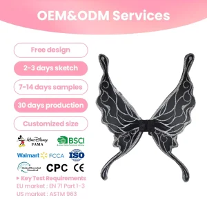 Black Silver Glitter Butterfly Wings Polyester Adult Unisex Customizable for Gothic Cosplay Party OEM ODM Service 7 14 Days