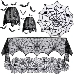 Black Spiderweb Hanging Fireplace Decoration Home Curtain Lace Spider Web Tablecloth Halloween Party Backdrop
