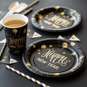 Black and Gold New Year Christmas Theme Custom Tableware Disposable Birthday Party Supplies Graduation Parties & Weddings