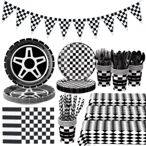 Black and White Plaid Modern Race Car Theme Disposable Eco friendly Paper Party Supplies Birthday Celebrations