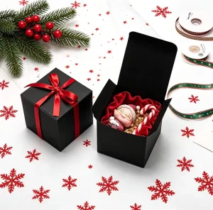 Blank Matte Black Square Flip Top Paper Gift Box Thick Paperboard Foldable Carton Box with Red Satin Ribbon Bow for Christmas