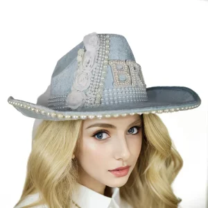 Bling Rhinestone Elegant Pearl Cowboy Hat Wedding Bachelorette Party Y2K Fashion Performance Props Accessory