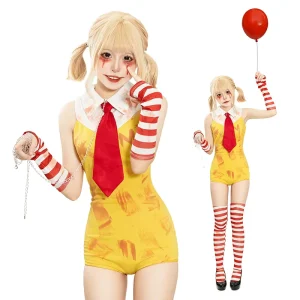 Bloody Clown Girl TV & Movie Polyester Bodysuit Cosplay Costume Yellow Red Stripe Halloween Horror Outfit