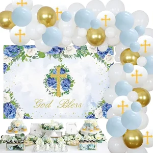 Blue Backdrop First Communion Decor for Boys God Bless Party Decorations White Gold Balloon Garland Kit