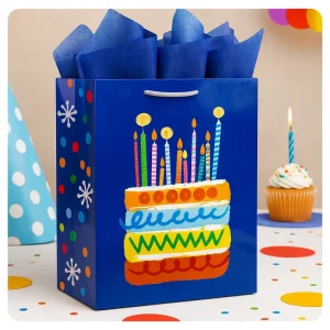 Blue Background Cake Line Art Eco Friendly Paperboard Birthday Gift Bags Luxury Design Cotton Rope Handle MOQ 50pcs