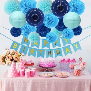 Blue Birthday Party Thanksgiving New Year Customizable Table Decorations Happy Birthday Banner Paper Pom Poms Lanterns Fans Set
