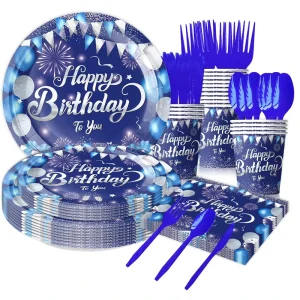 Blue Birthday Theme Party Tableware Supplies Decoration Disposable Paper Plates Cups Napkins Tablecloth Knives Forks Spoons