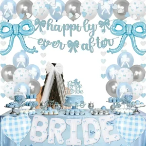Blue Bridal Shower Bachelorette Party Decorations 72PCS Coquette Bow Paper Heart Shape Balloons Banner Party Accessories
