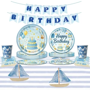Blue Cake Pattern Happy Birthday Theme Disposable Tableware Kit with Plates Cups Napkins for Boy Birthday Baby Shower Supplies