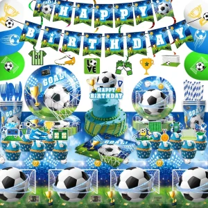 Blue Football Theme Decoration 9 Piece Set Banner Pull Flag for Birthday Party Tableware