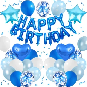 Blue Happy Birthday Balloon Set Blue White Confetti Star Heart Foil Latex Balloons Birthday Party Decor for Boys Men