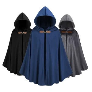 Blue Hooded Cape Medieval LARP Cloak with Leather Buckle Halloween Renaissance Festival Costume for Men & Women