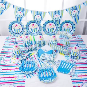 Blue Kid Birthday Party Decorations Cake Pattern Wedding Favors Disposable Knife Fork Party Tableware Set