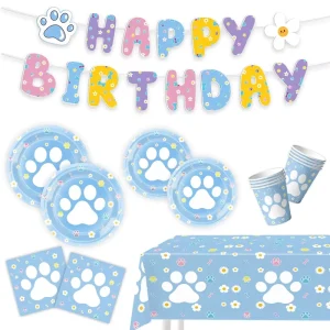 Blue Pet Dog Birthday Theme Party Dog Paw Print Tableware Paper Plate Paper Cup Pull Flag Spiral Decoration Supplies