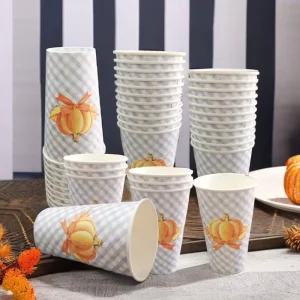 Blue Plaid Thanksgiving Earth Day Pumpkin Printed Eco Friendly Modern Disposable Hot Cold Drinking Paper Cups Festive