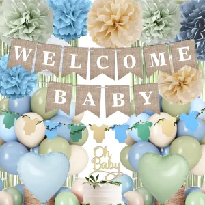 Blue Sage Green Boy Baby Shower Decor Boho Jungle Banner Tassel Curtain Poms Olive Grey Latex Balloon Easter Party