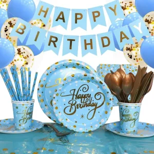 Blue Tone Golden Dots Birthday Party Decorations Supplies Disposable Tableware Set Party Supply