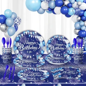 Blue Tone Golden Stripe Dots Birthday Party Decorations Supplies Disposable Tableware Set Party Supply