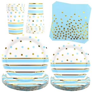 Blue and Gold Dot Paper Party Tableware Supplies for Baby Shower Birthday Party Decorations