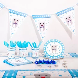 Blue and Pink Baby Shower Tooth Decorations Disposable Mermaid Style for Baby’s First Birthday Party Supplies Set