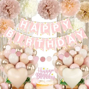 Blush Beige Birthday Decor Women Girl Daisy Happy Banner Boho Dusty Rose Paper Pom Poms Tassel