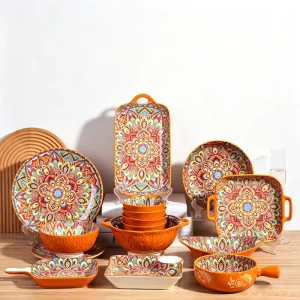 Bohemian Ceramic Dinnerware Set Mandala Pattern Dinner Plates Salad Bowls Serving Platter Tableware Set