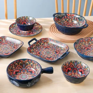 Bohemian Plant Pattern Handmade Ceramic Porcelain Rice Bowl and Plate Set Vintage Hand painted Light Luxury Retro Tableware