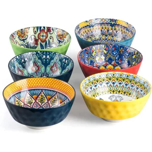 Bohemian Style Ceramic Salad Soup Bowls 30 Oz Deep Colorful Porcelain Serving Bowls for Cereal