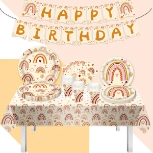 Bohemian Theme Disposable Rainbow Paper Tableware Set for Kids Ramadan Birthday Party Includes Dinner Plate Cup Flag Pull
