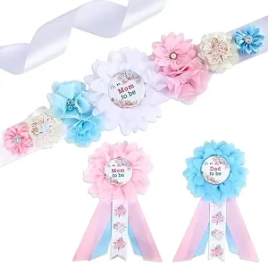 Boho Baby Shower Maternity Sash Kit Boho Team Boy or Girl Baby Shower Belly Belt and Mom to Be and Dad to Be Corsage Pins