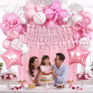 Bow Birthday Party Decorations Set Balloon Garland Kit for Girls Baby Shower Party Supplies Bulk