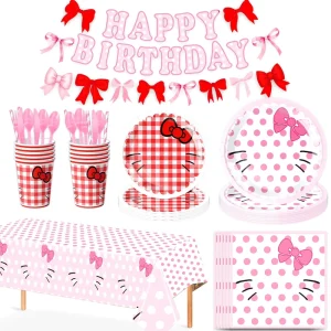 Bow Cat Birthday Party Supplies Valentine’s Day Festivals Scene Layout Decorative Set Tableware Dinner Plate Tissue Paper