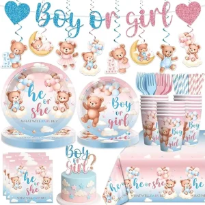 Boy or Girl Gender Reveal Decorations Include Pink Blue Teddy Bear Plates and Napkins Sets Banner Hanging Tablecloth Cake Topper