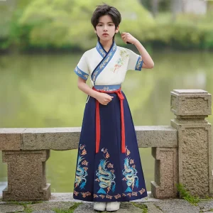 Boys’ Chinese Han Style Horse Faced Skirt Suit Summer Antique Tang Costume Short Sleeve Long
