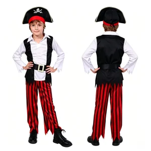 Boys Halloween Pirate Captain Costume for Kids with Hat Durable Polyester Material for Festival Performances