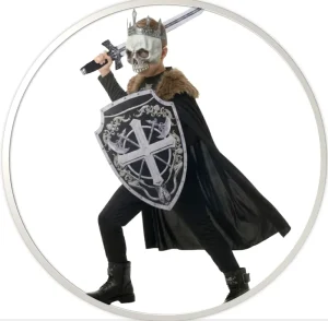 Boys Skeleton King Medieval Knight Halloween Costume Kids Scary Skull Warrior Outfit with Crown Mask Cape Sword Shield for Party