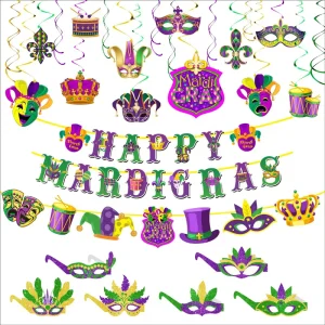 Brazilian Carnival Mardi Gras Decorations Spiral Hanging Letter Banner Customizable Mask Glasses