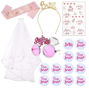 Bride Be Set Bachelorette Party Valentine’s Day Decorations Satin Veil Sash Headband Tiara Sunglasses Tattoos Metallic Signs