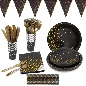 Bronzed and Thick Black Polka Dot Birthday Party Paper Plate Tissue Paper Cup Tableware Set for a Variety of People