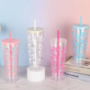 Bubble Tea Cup Double Walled Custom 24oz Glass Bow Cup with Straw Type Lid and Straw for Personalization