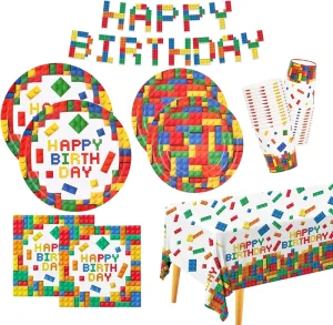 Building Block Party Supplies Paper Plates Napkins Cups Tablecloth Banner for Colorful Building Block Birthday Party Decorations