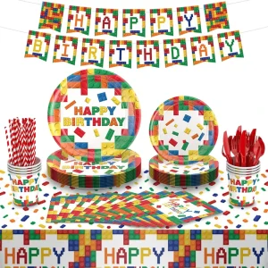 Building Block Themed Disposable Tableware Paper Plates Napkins Cups for Christmas Easter Birthday Party