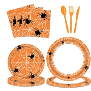 Bulk Spider Web Halloween Tableware Set Disposable Party Plates Napkins Cutlery for Halloween Birthday Party Supplies