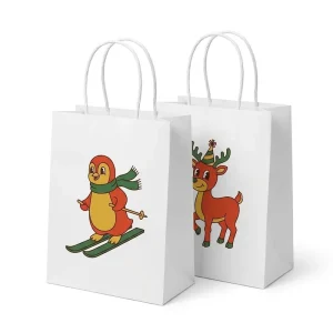 Bulk Supply White Kraft Xmas Paper Bags Recycled Material Hand Bags for Annual Holiday Packaging Works
