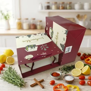Burgundy Xmas House Print Gift Paper Bags Wine Red Satin Ribbon Handle German Frohe Weihnachten Holiday Packaging Bags