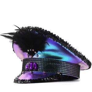 Burning Man Iridescent Captain Hat with Rhinestones & Feather Sparkly Festival Costume Cap