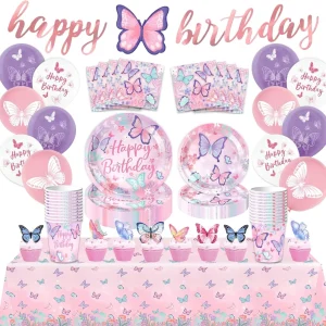 Butterfly Birthday Party Supplies Decorations Butterfly Tableware Set Cake Toppers Tablecloth Banner Balloons for Birthday