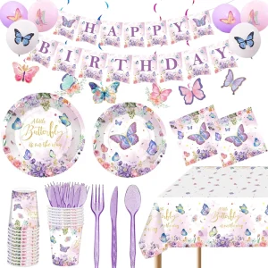 Butterfly Fairy Theme Tableware Party Decoration Sets Birthday Supplies Plates Pull Flags Napkins Kid Party Decorations