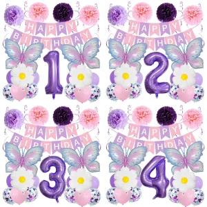 Butterfly Party Balloon Decoration Set Purple Pink Birthday Supplies with Foil Balloons Banner Paper Flowers